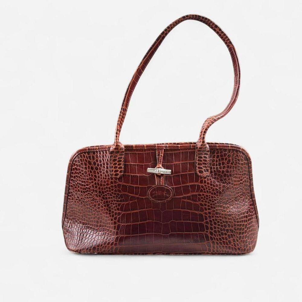 Vtg Longchamp Roseau brown crocodile skin embossed leather shoulder bag/handbag